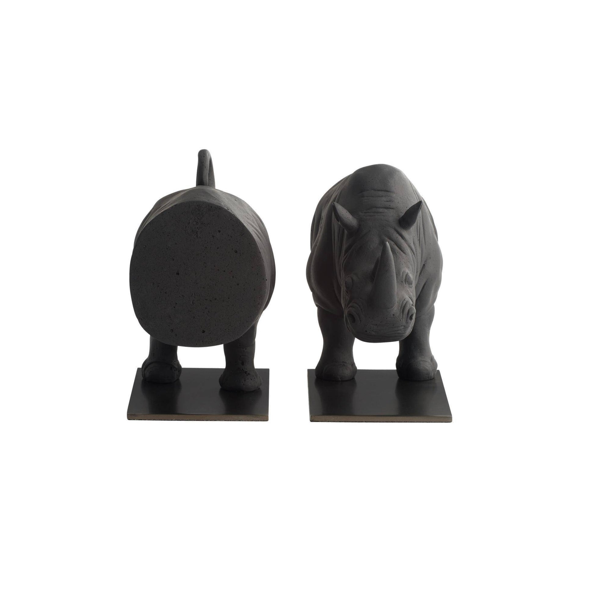 A pair of dark charcoal gray rhinoceros bookends on a solid white background, showing both front and back views.