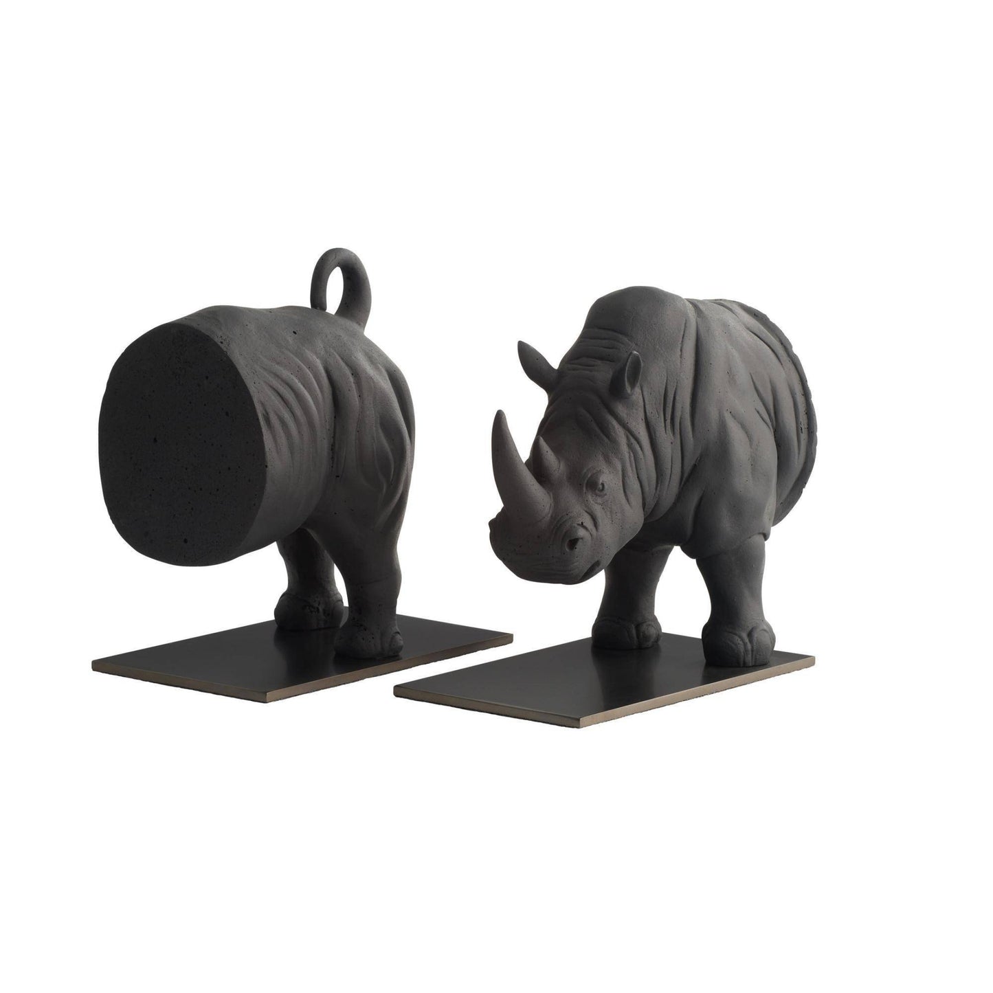 Two black rhinoceros bookends on a white background