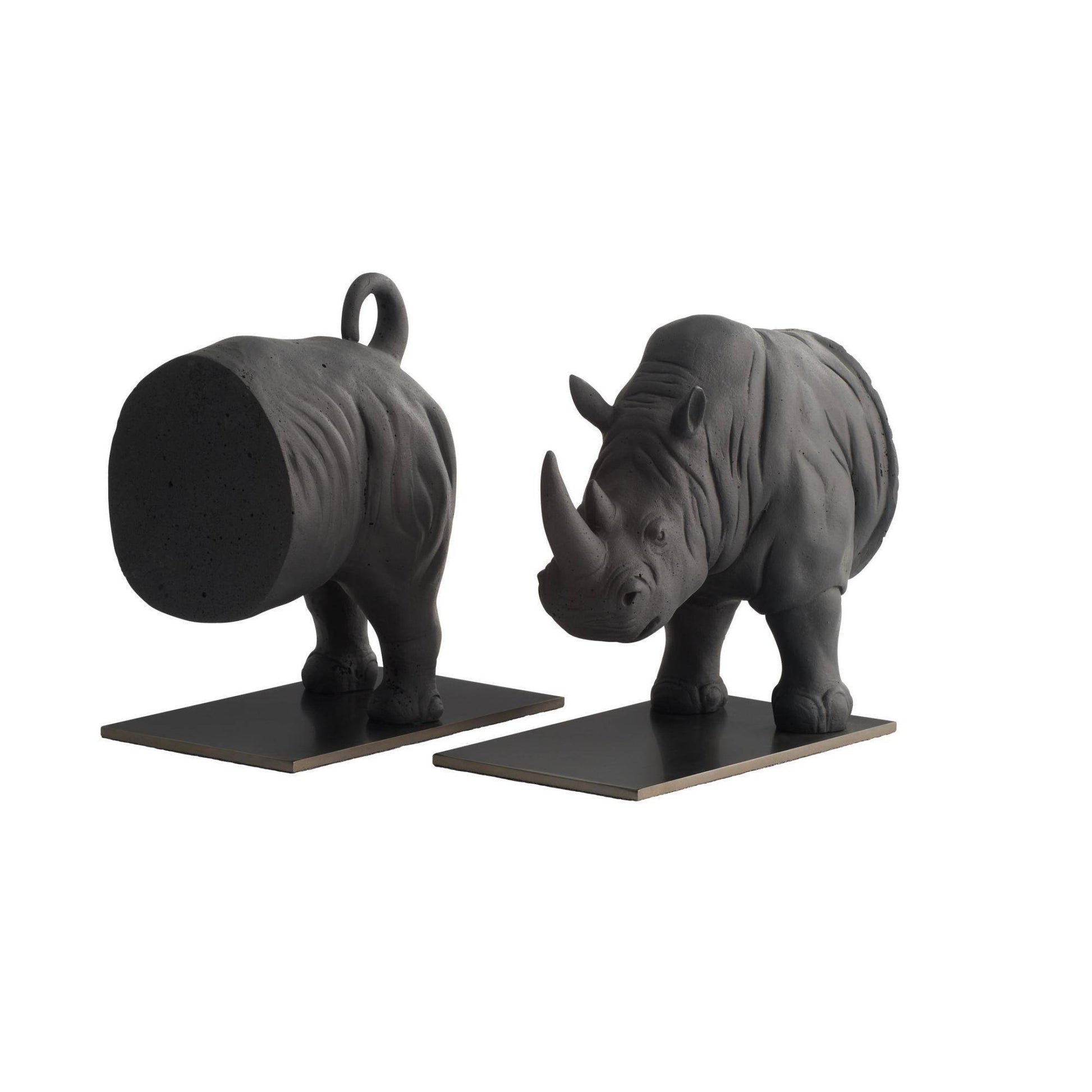 Two black rhinoceros bookends on a white background