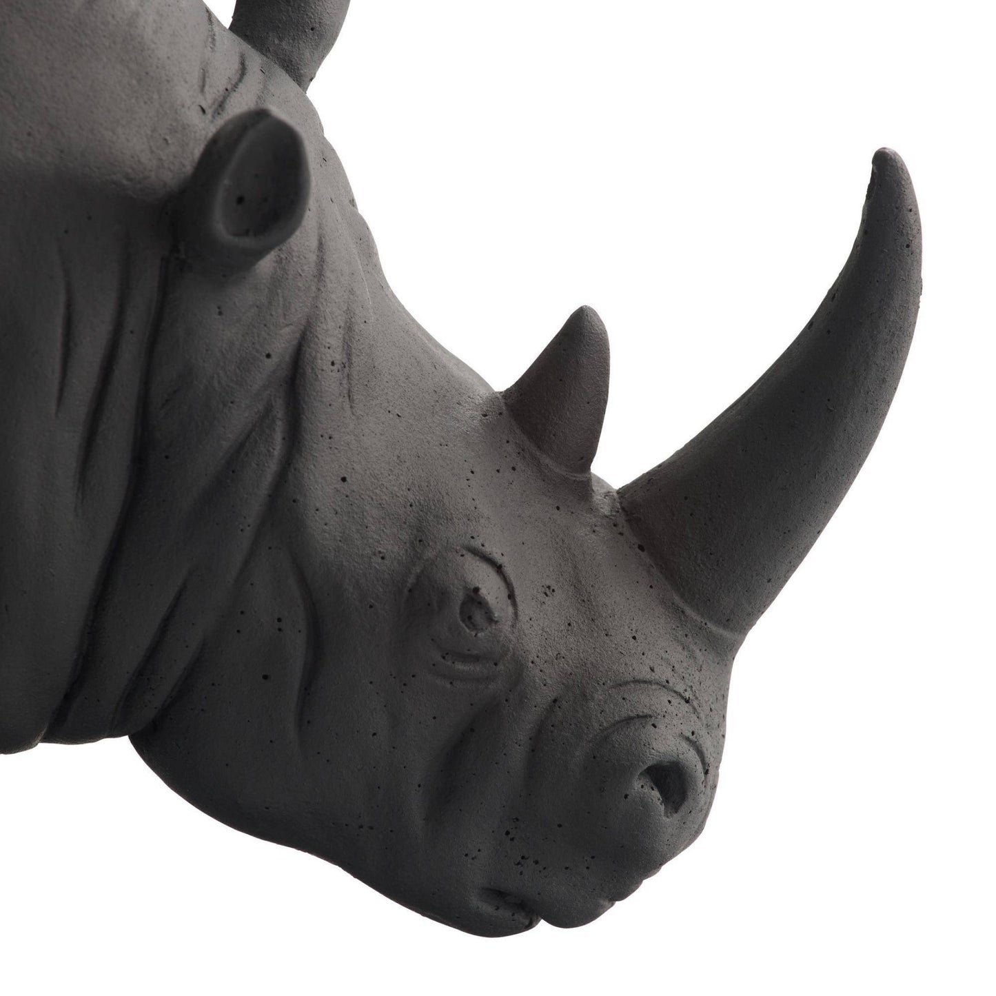 Close-up of a rhinoceros head sculpture on a white background