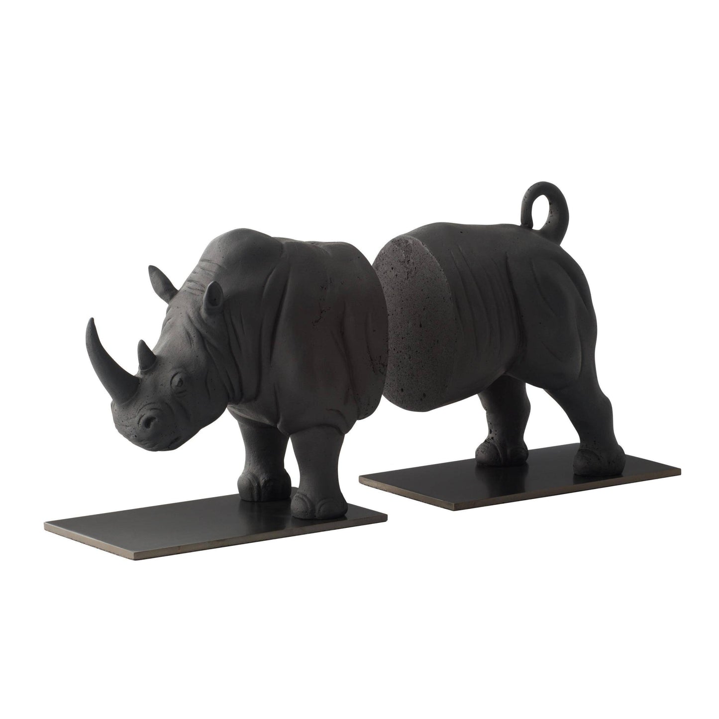Black rhinoceros bookends on a white background