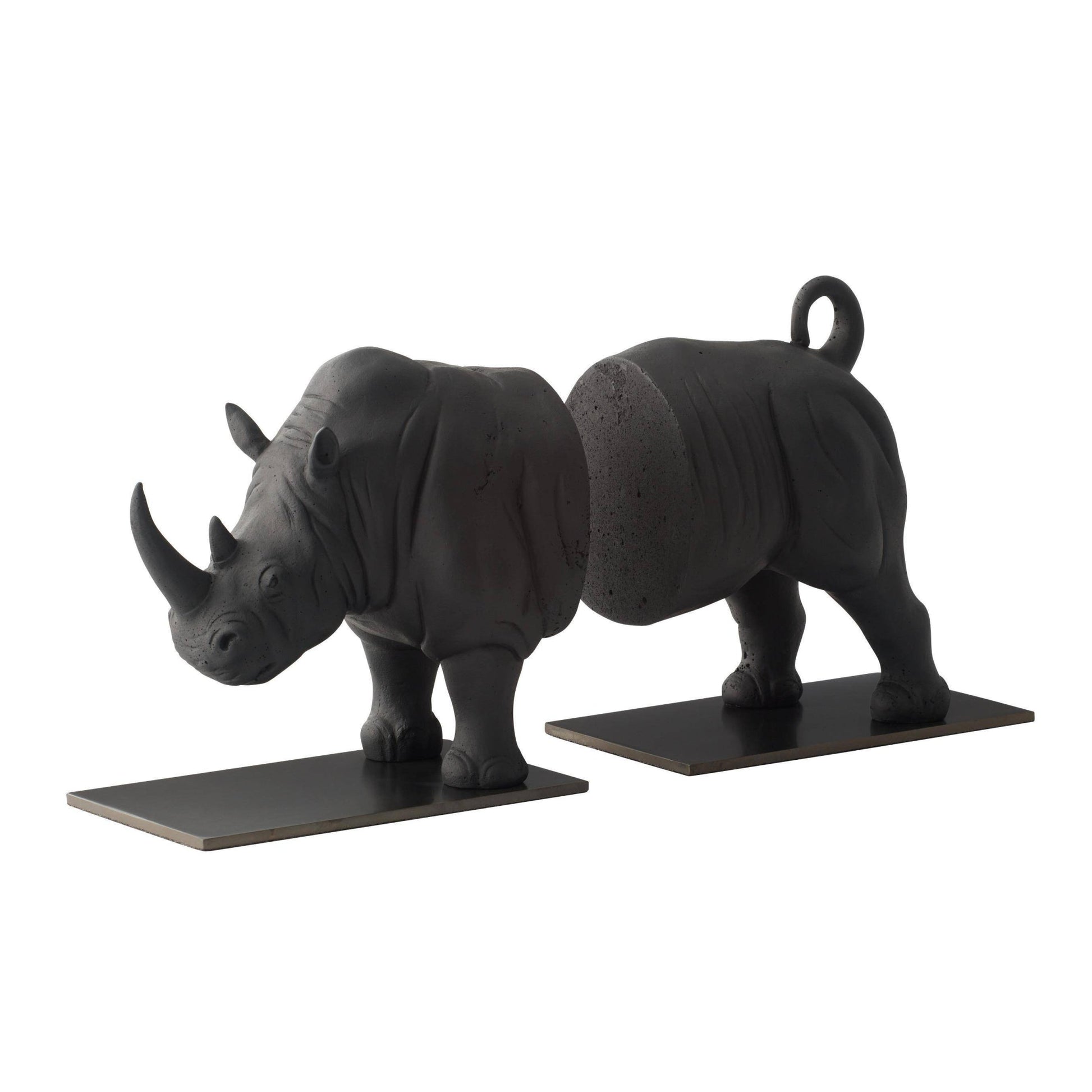 Black rhinoceros bookends on a white background
