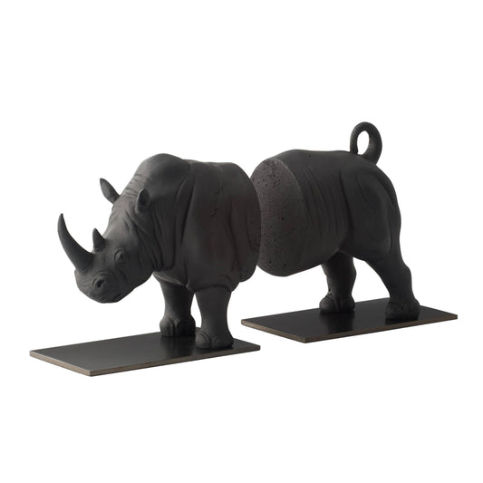 Black rhinoceros bookends on a white background