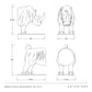 Black and white line art schematic showing two views of an Etosha bookened rhinoceros statue with dimensions labeled: side profile 8.5in tall by 8in wide, front view 9in tall by 5in wide, and rear view 9in tall by 5.