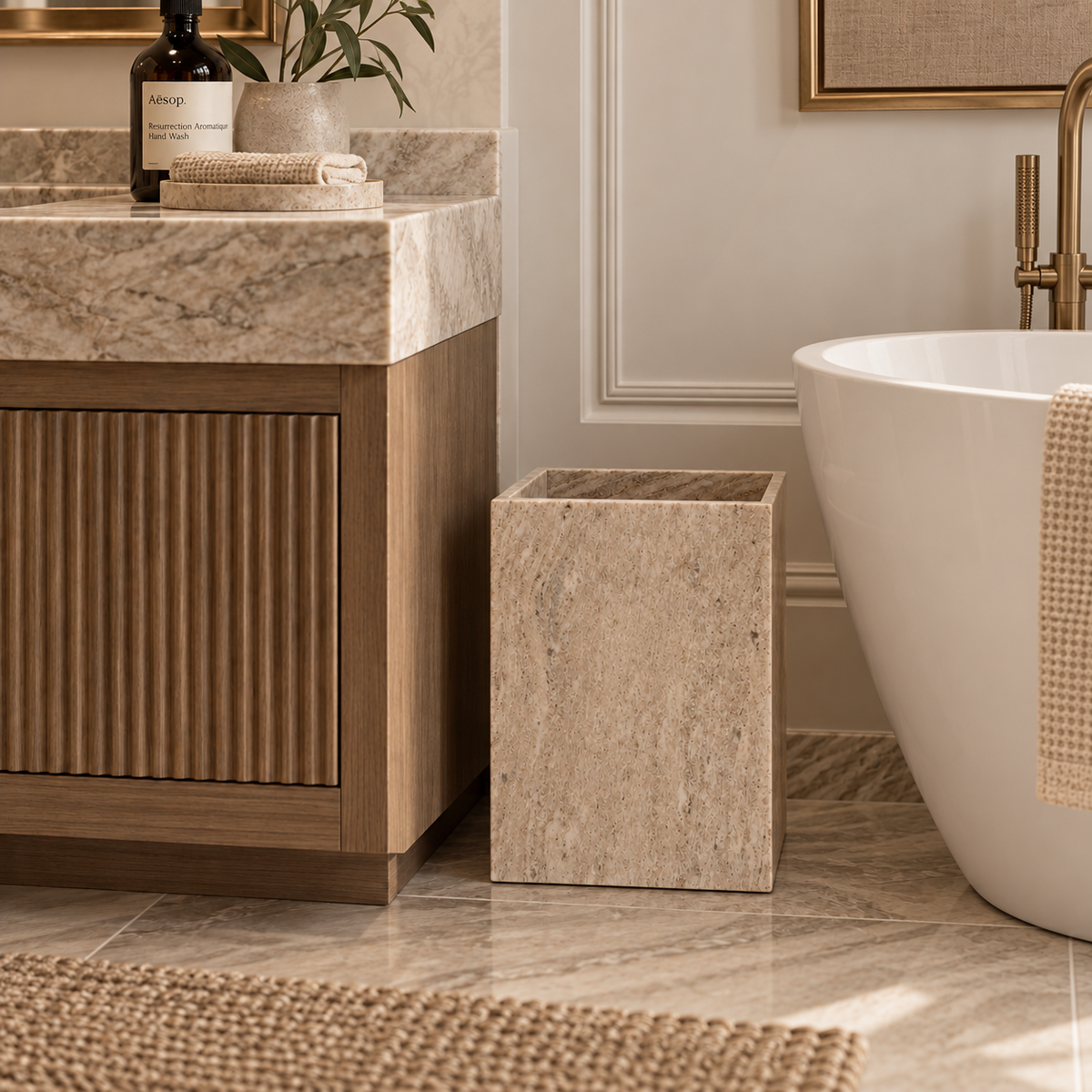 A square stone trash can in a warm beige stone finish stands on a tiled bathroom floor between a wooden vanity and a white freestanding bathtub.