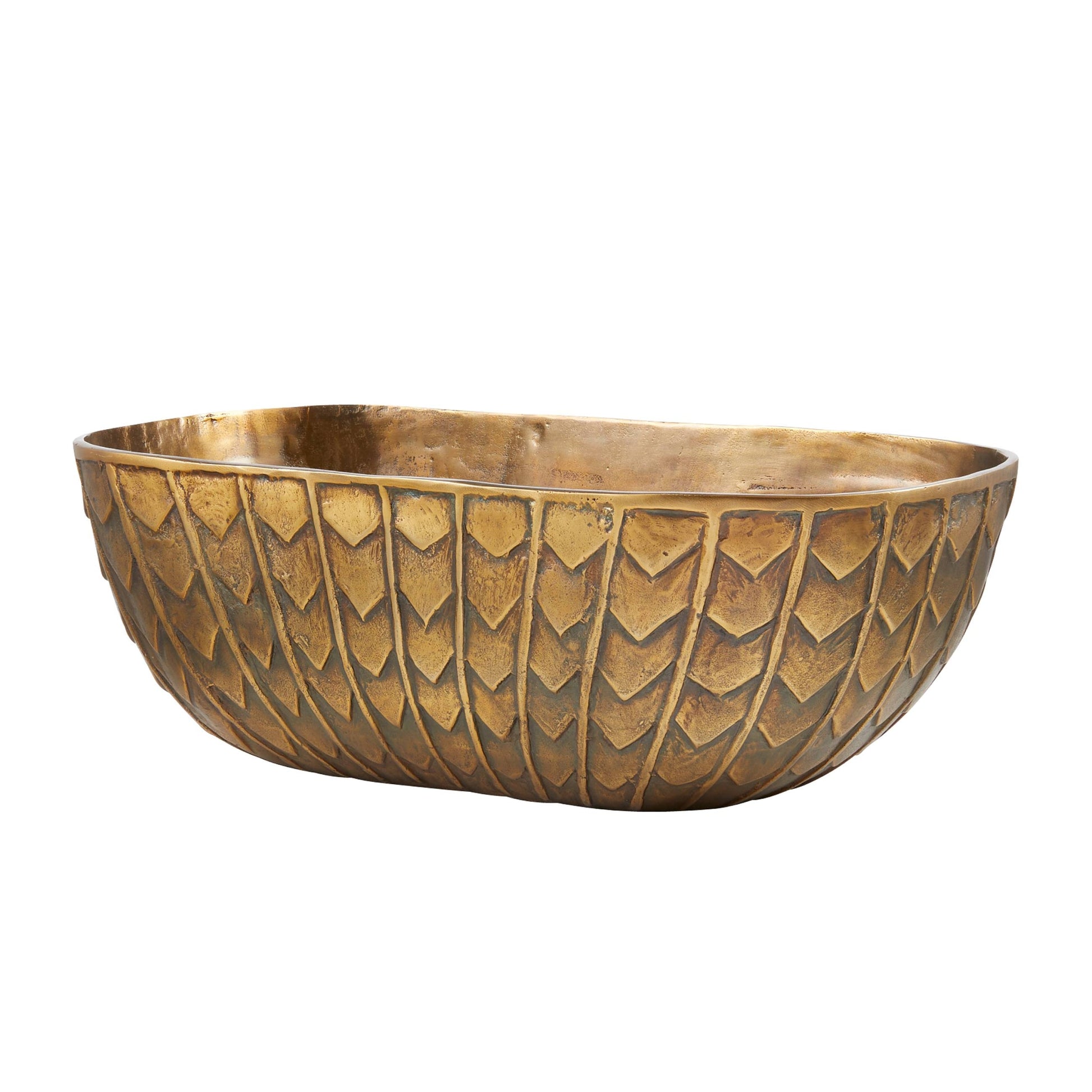 Decorative bronze bowl with textured surface on a white background