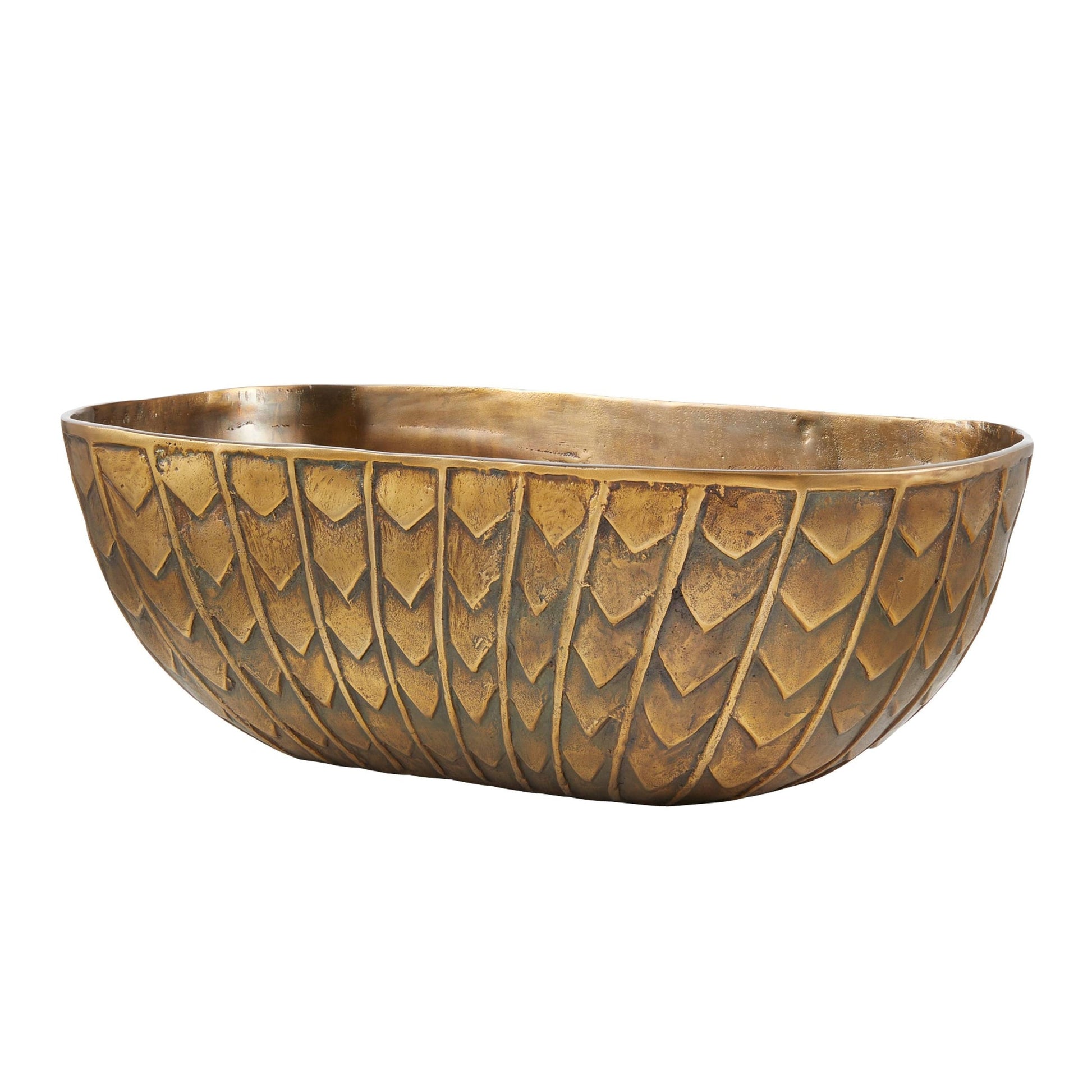 Bronze bowl with intricate leaf pattern on a white background