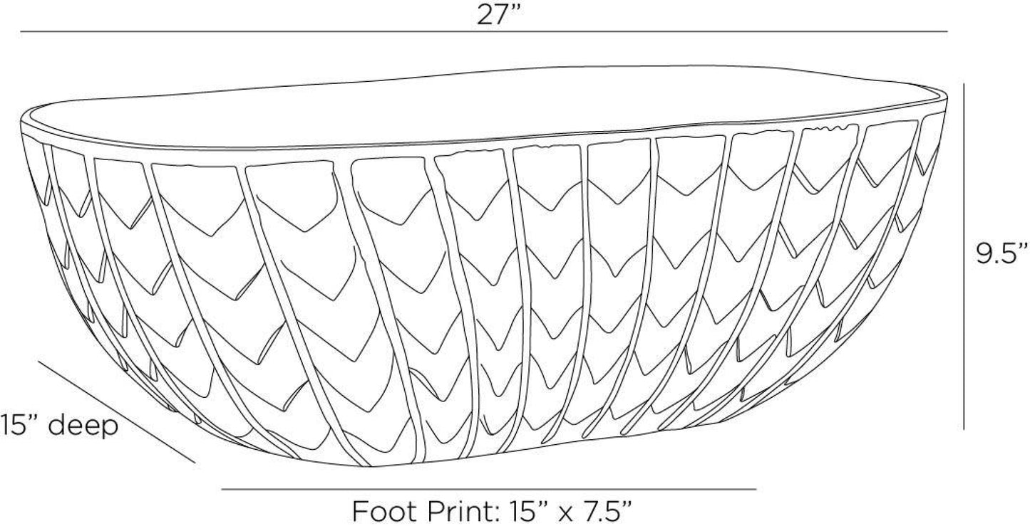 Black and white line drawing of a decorative bowl with dimension labels showing 27 inches wide, 9.5 inches tall, 15 inches deep, and a foot print of 15 by 7.
