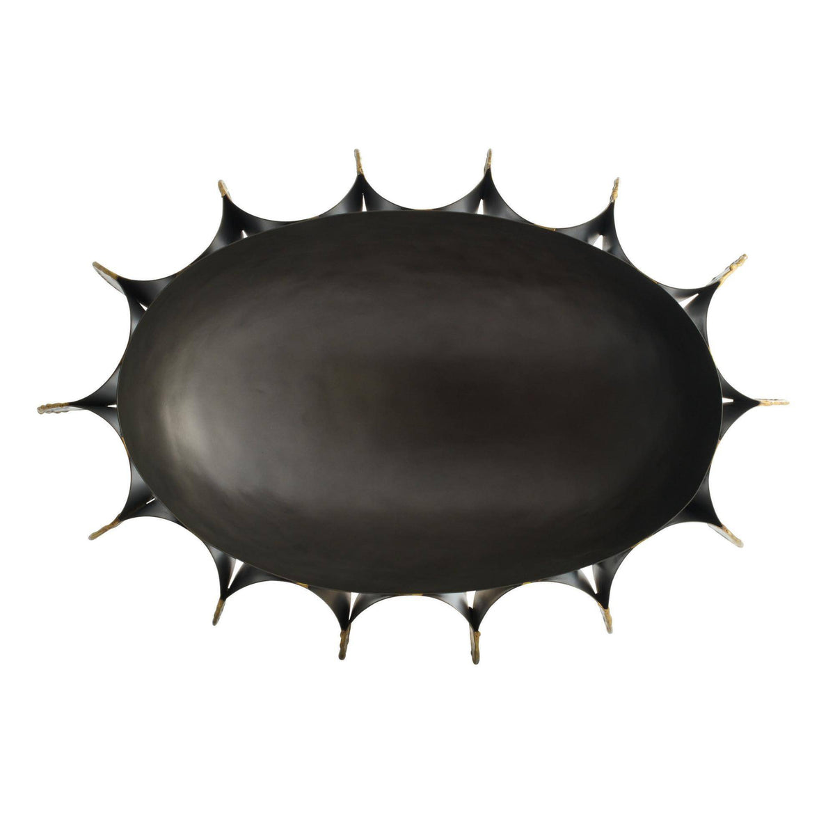 Black decorative plate with spike-like extensions on a white background