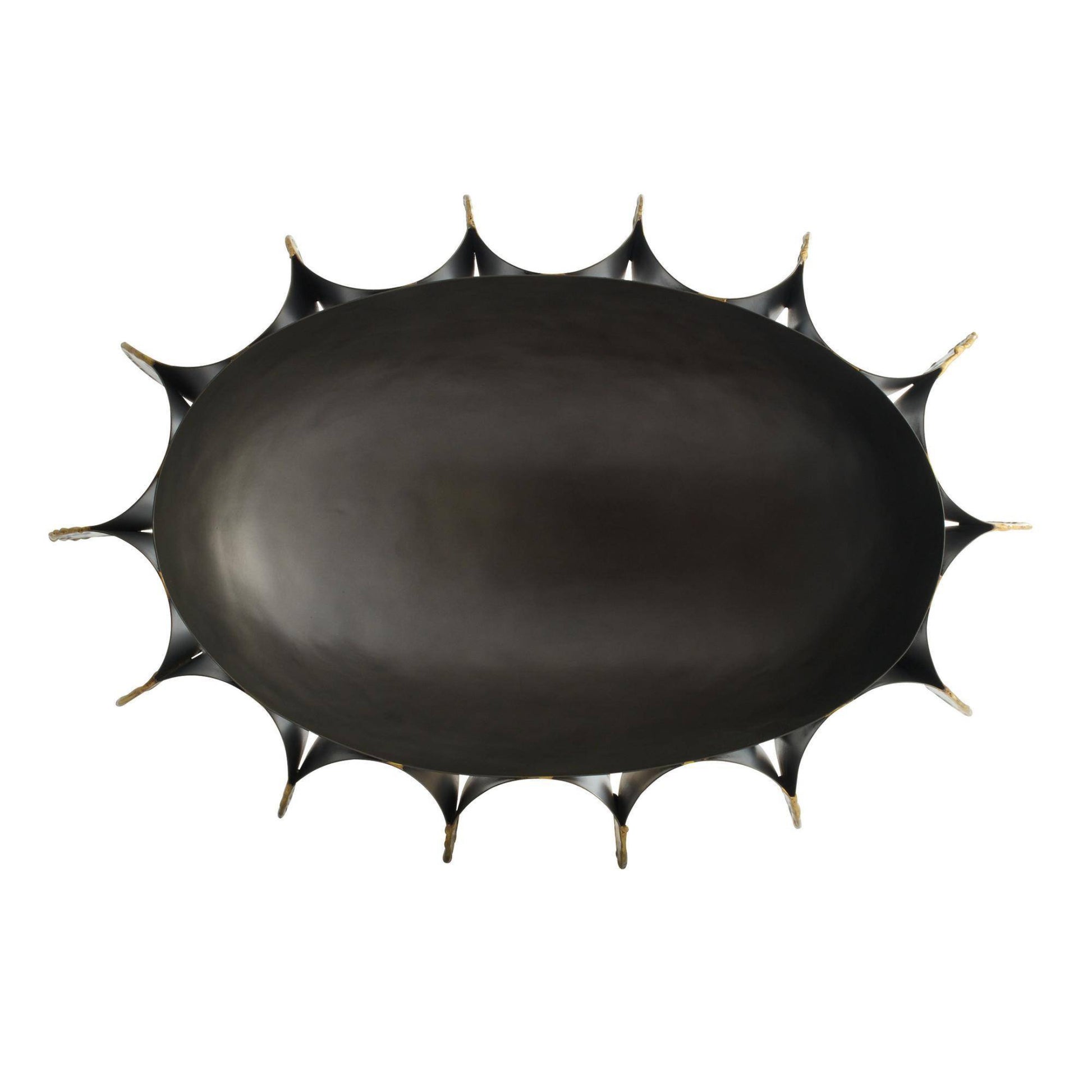 Black decorative plate with spike-like extensions on a white background