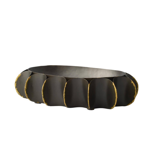 Decorative black bowl with gold accents on a white background