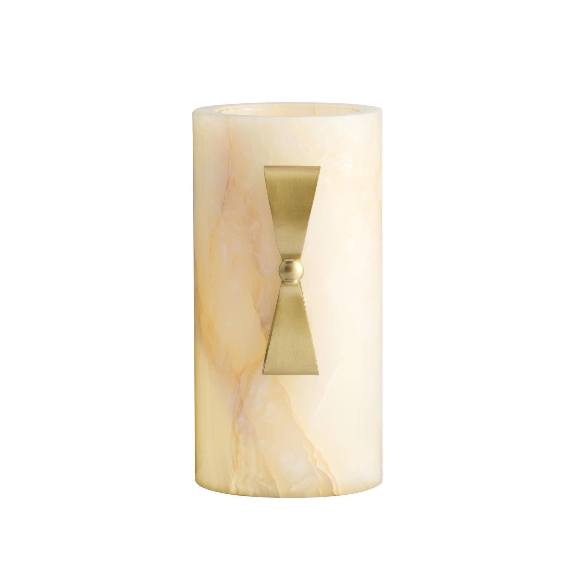 Wall sconce with beige marble finish and gold accent on a white background