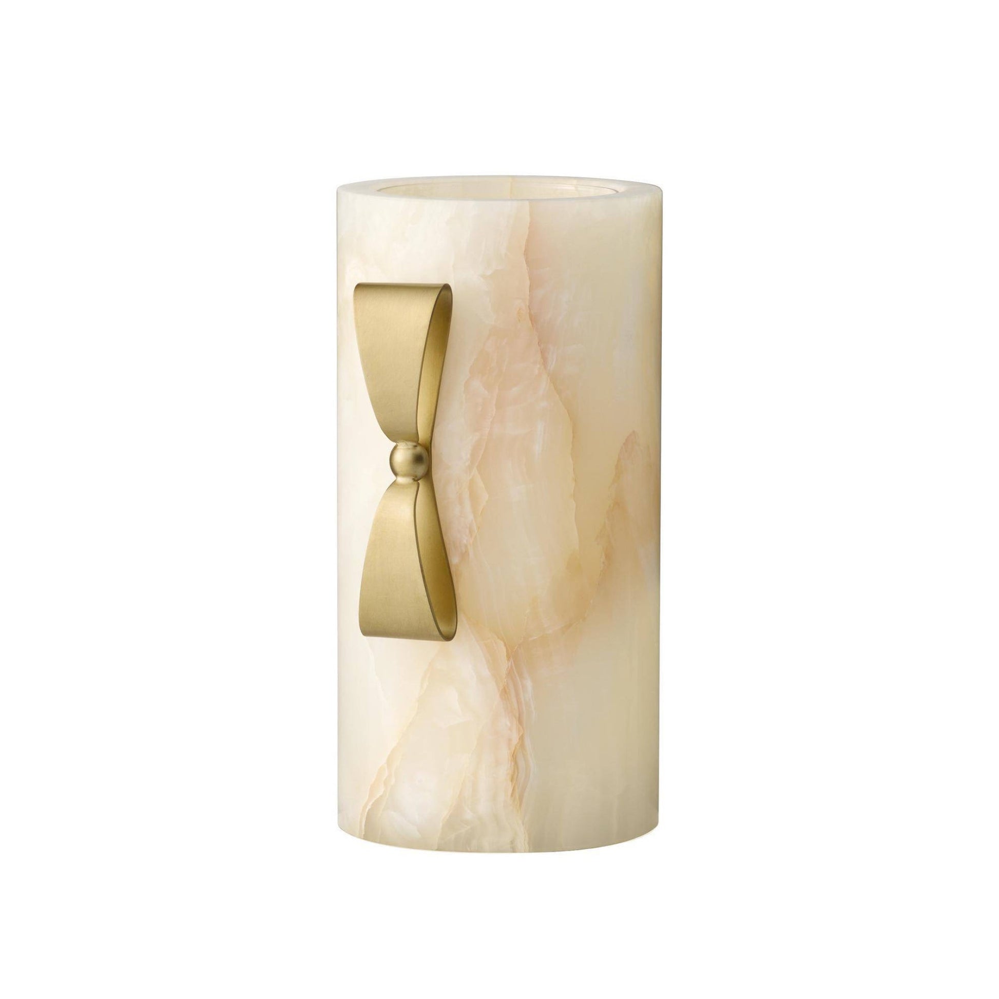 Decorative candle holder with marble base and gold accent on a white background