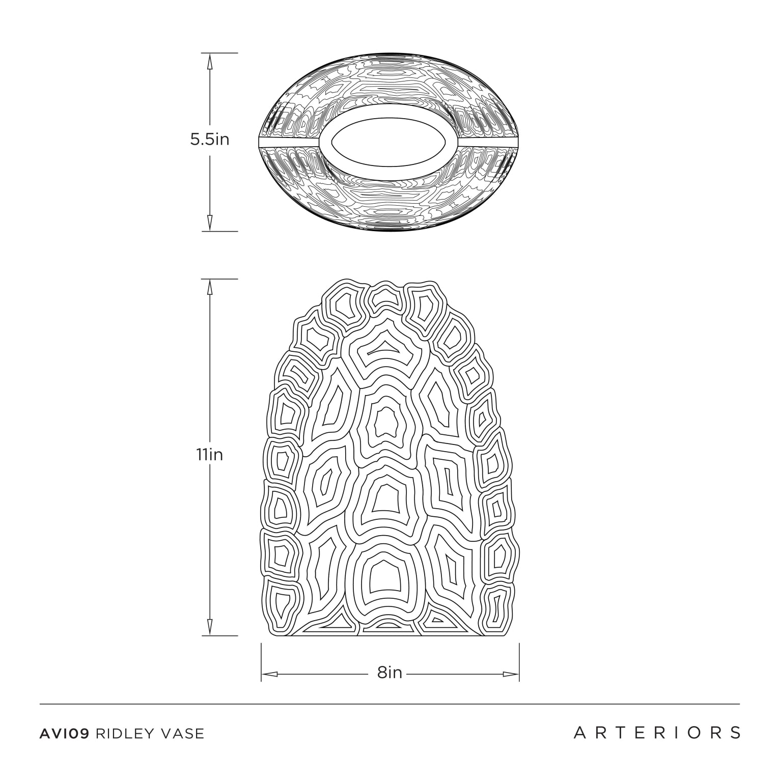 Measurement chart for the Ridley Vase with dimensions and Arteriors branding.