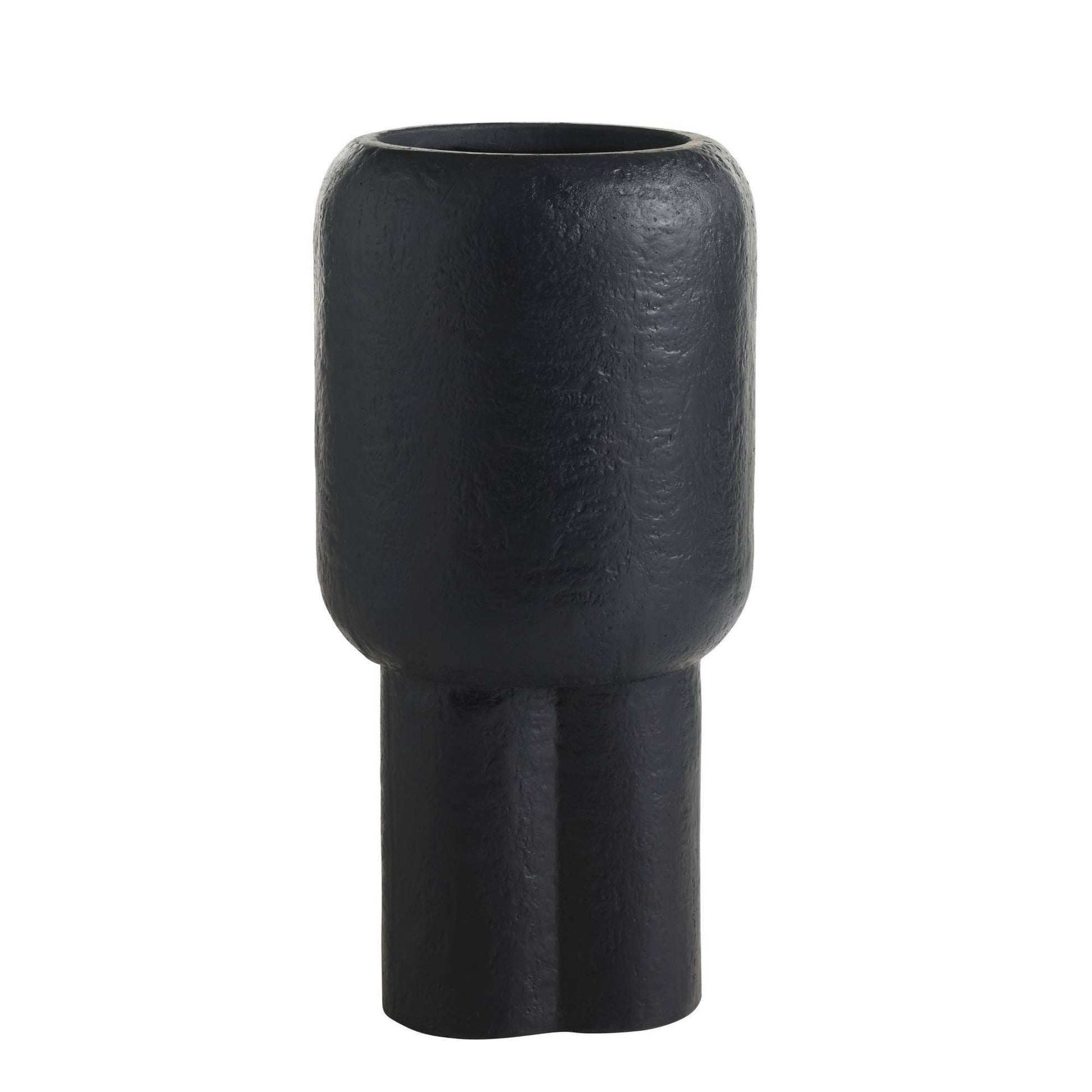 Black textured vase on a white background