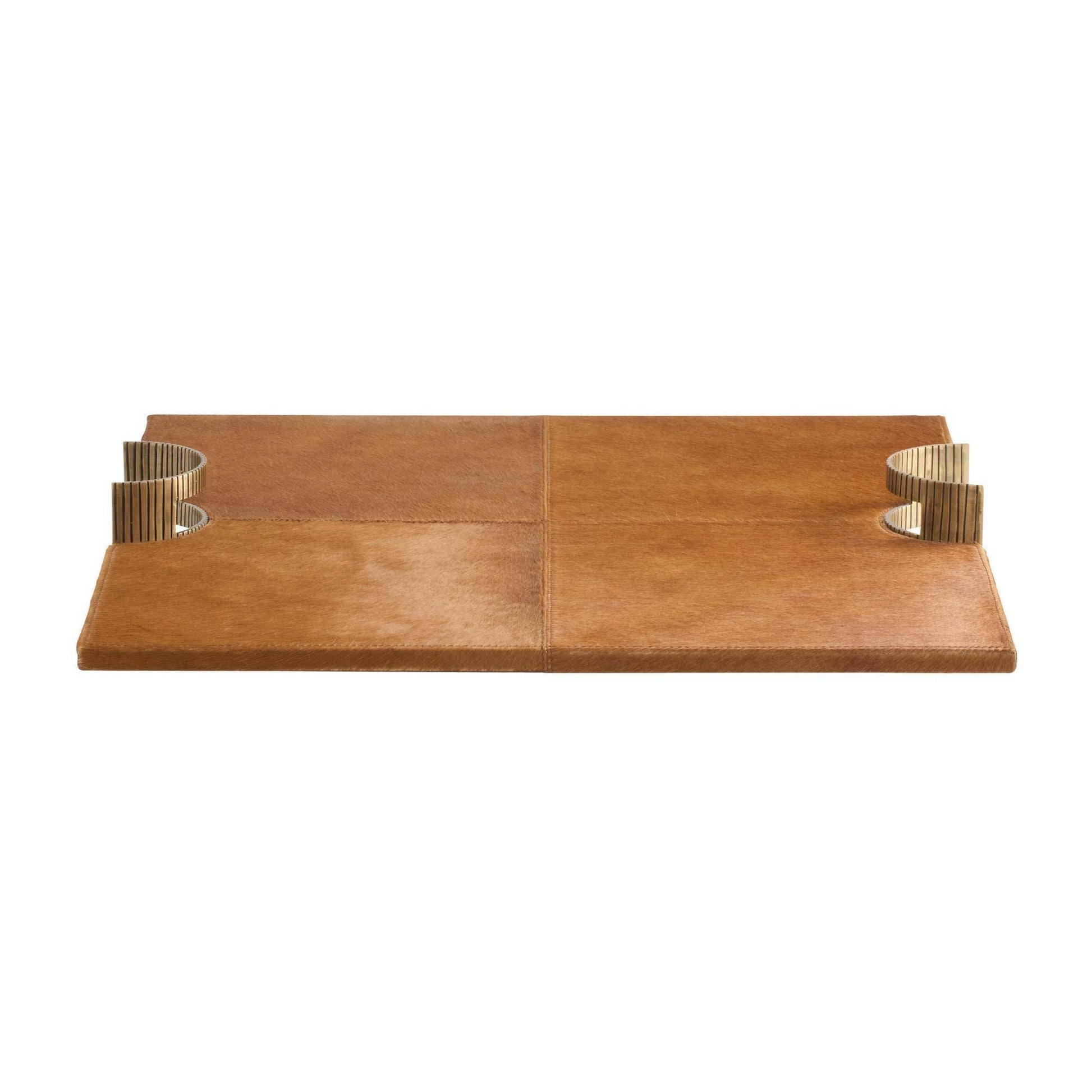 brown hair on hide tray with antique brass handles