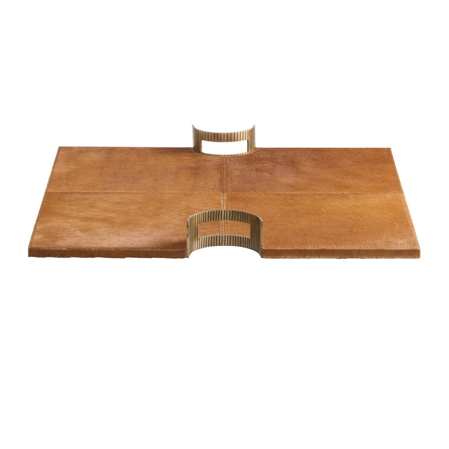brown hair on hide tray with antique brass handles