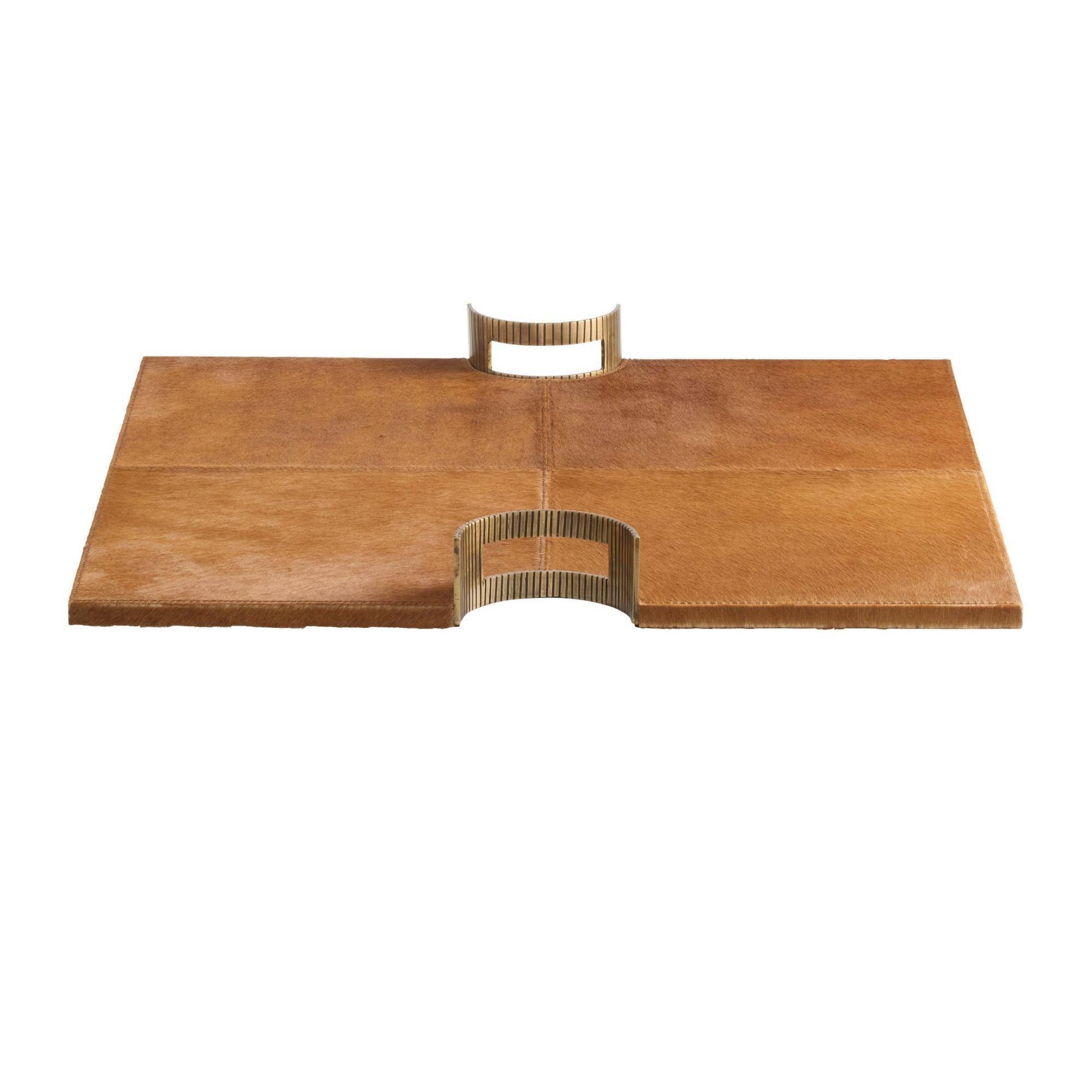 brown hair on hide tray with antique brass handles