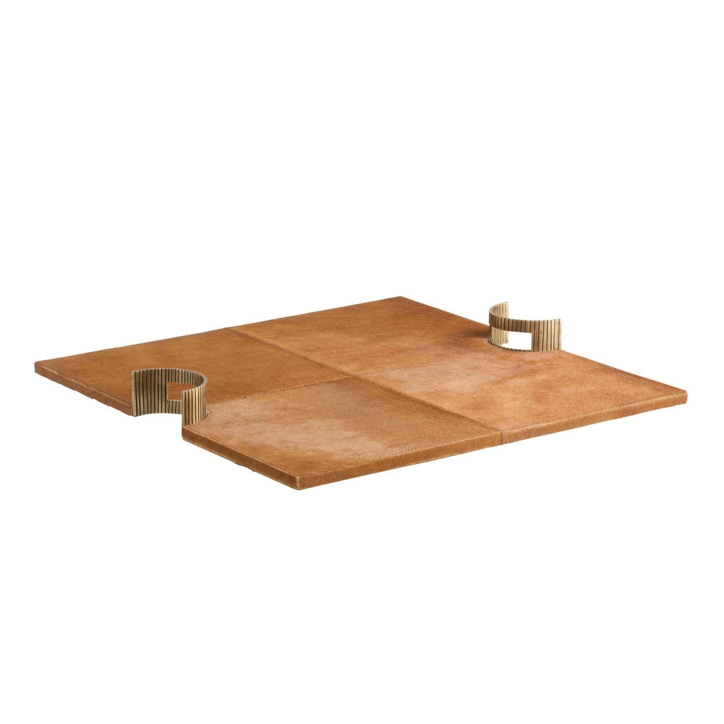 brown hair on hide tray with antique brass handles