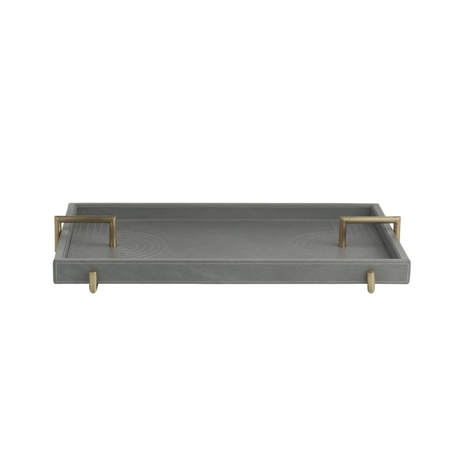 Gray tray with gold handles on a white background