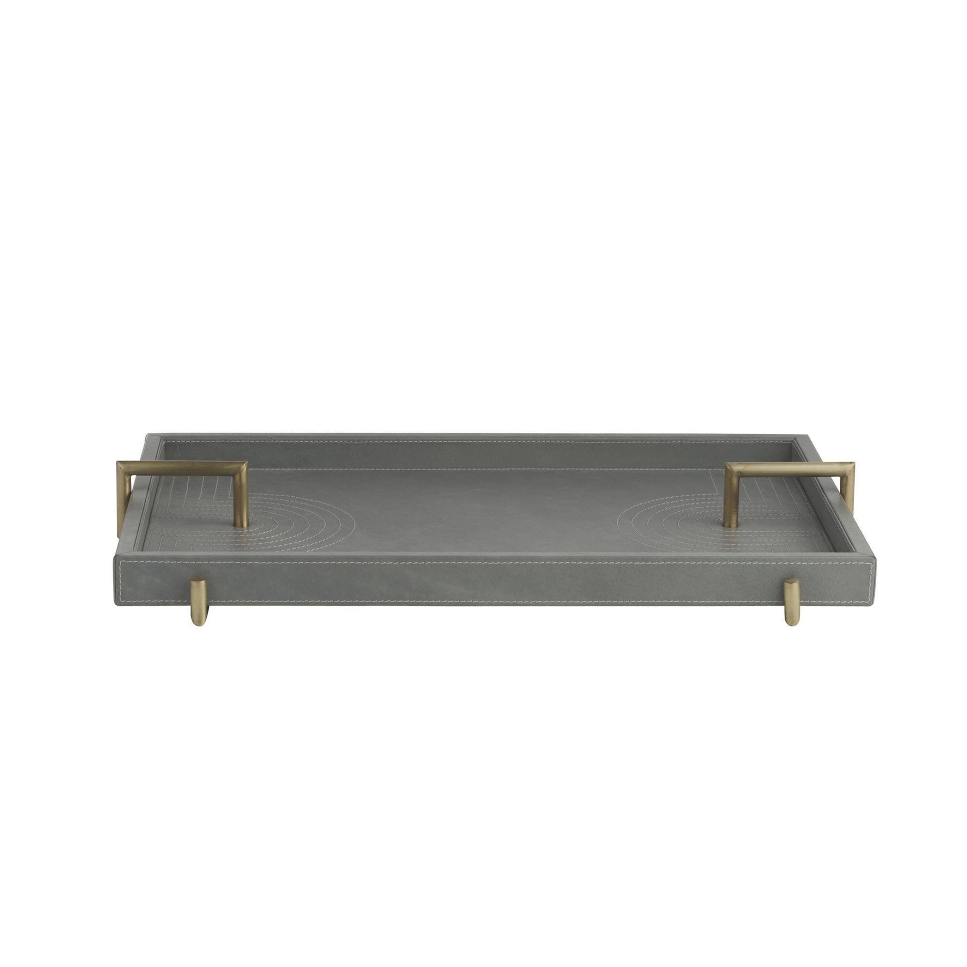 Gray tray with gold handles on a white background