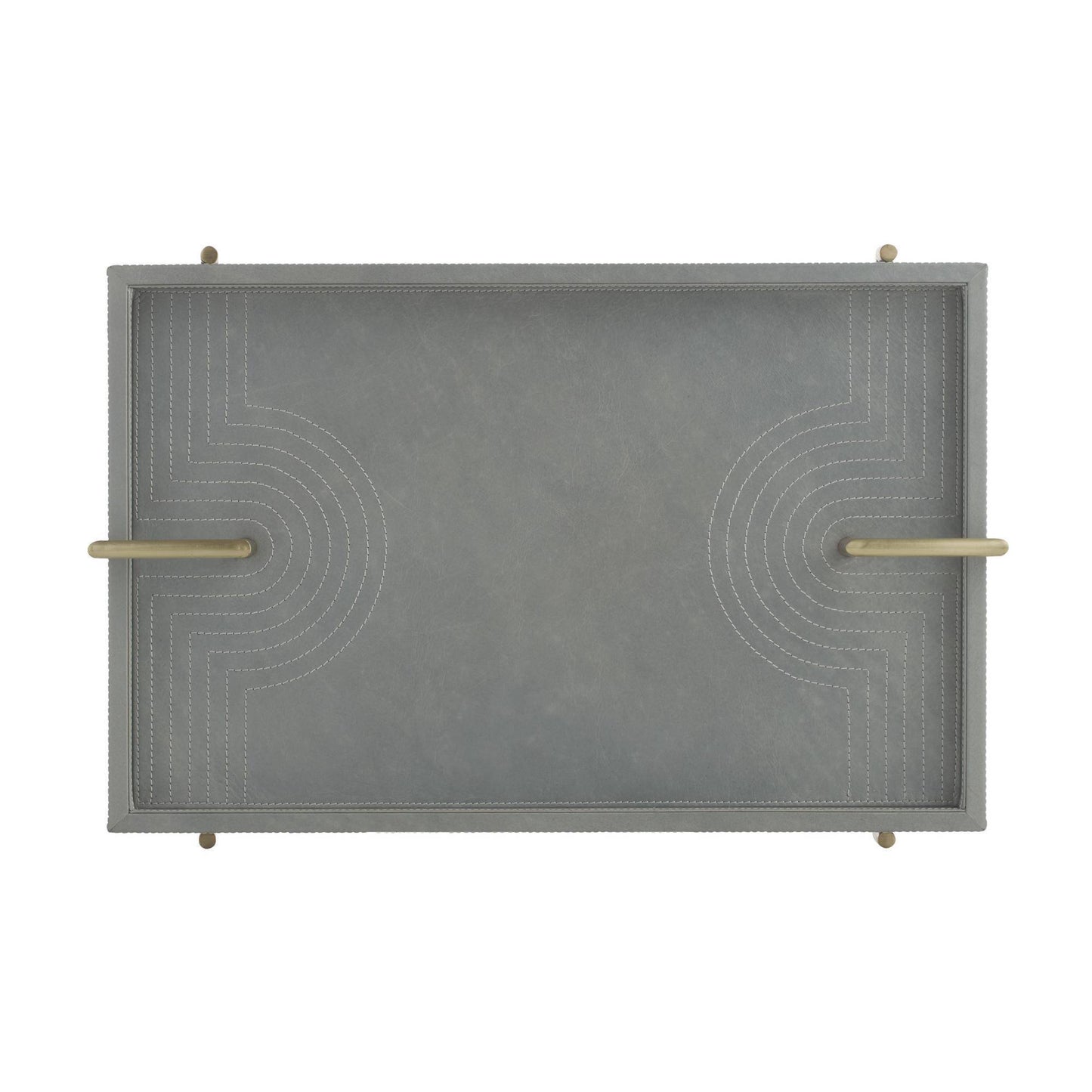 A rectangular gray tray with a textured finish, featuring two horizontal gold metal handles on the sides and subtle concentric arc patterns on the top surface, shown against a plain white background.