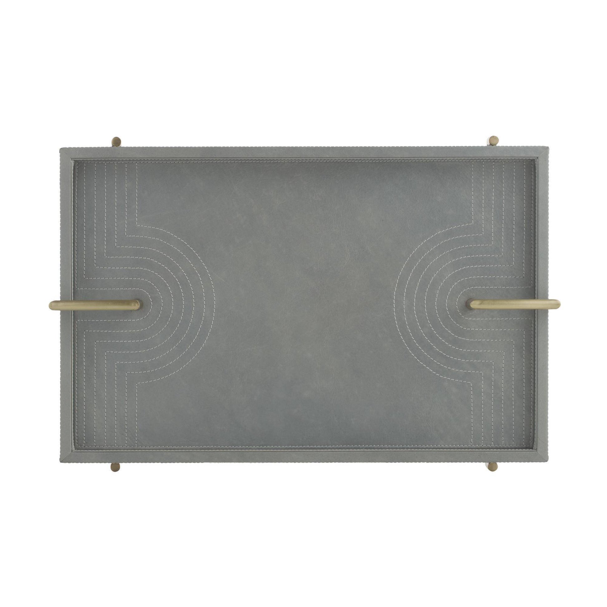 A rectangular gray tray with a textured finish, featuring two horizontal gold metal handles on the sides and subtle concentric arc patterns on the top surface, shown against a plain white background.