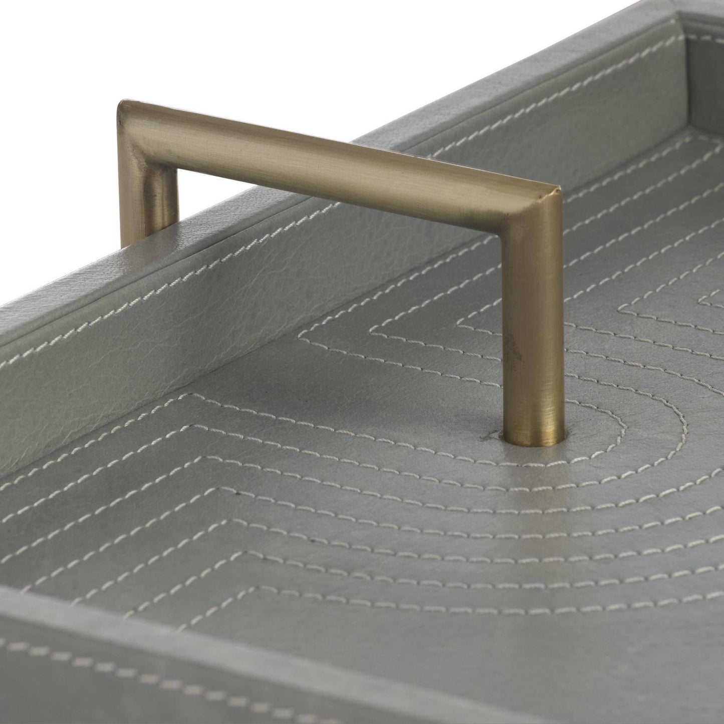 gray leather tray with brass iron handles