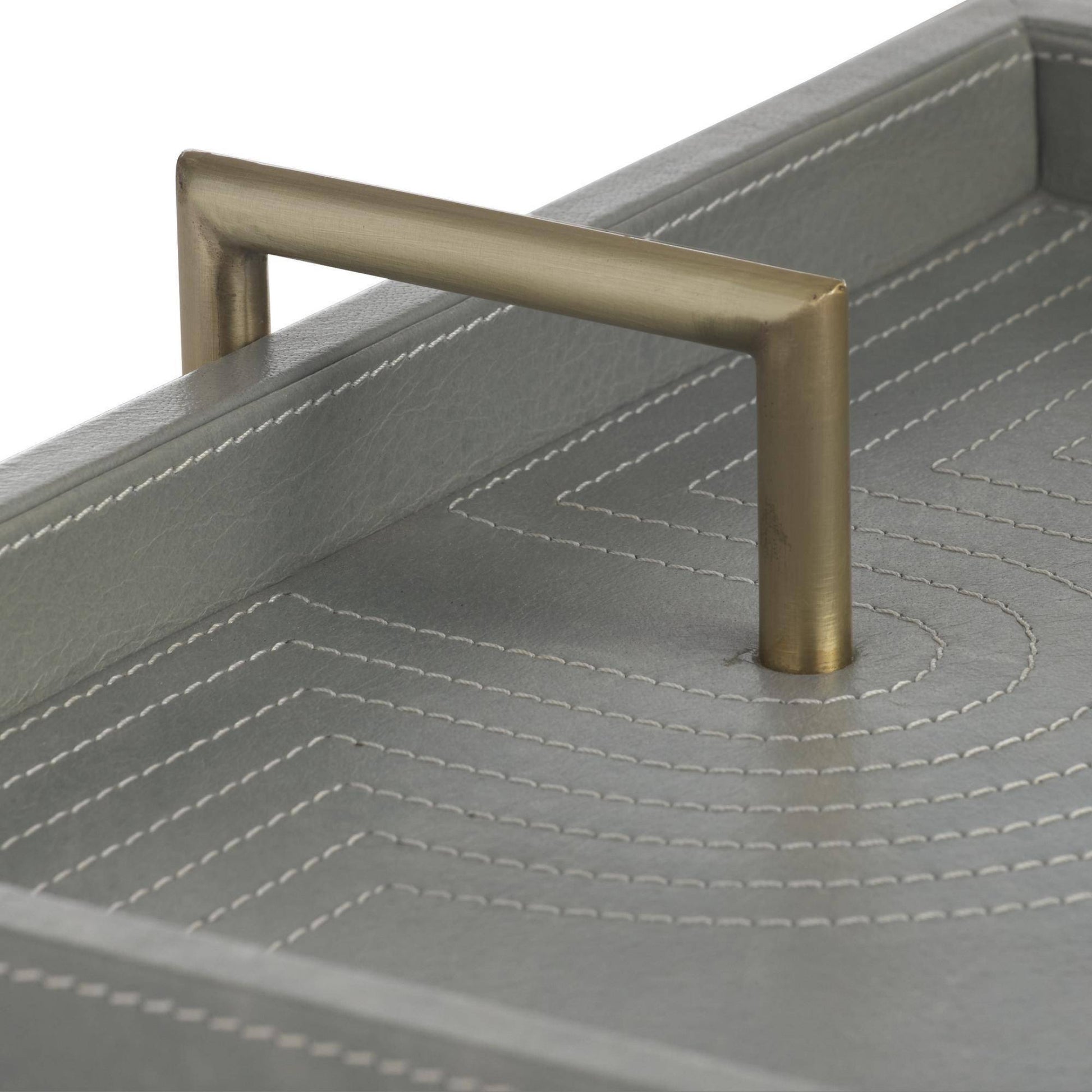 gray leather tray with brass iron handles