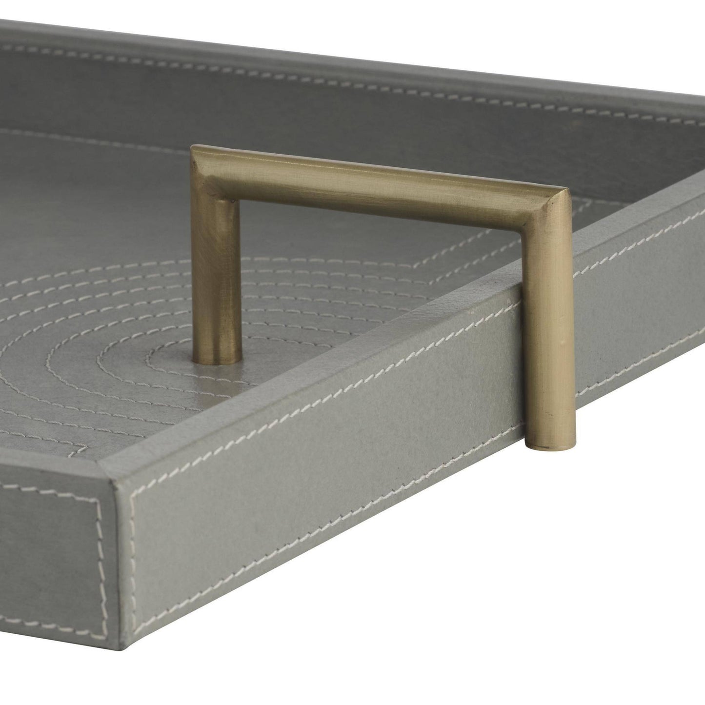gray leather tray with brass iron handles