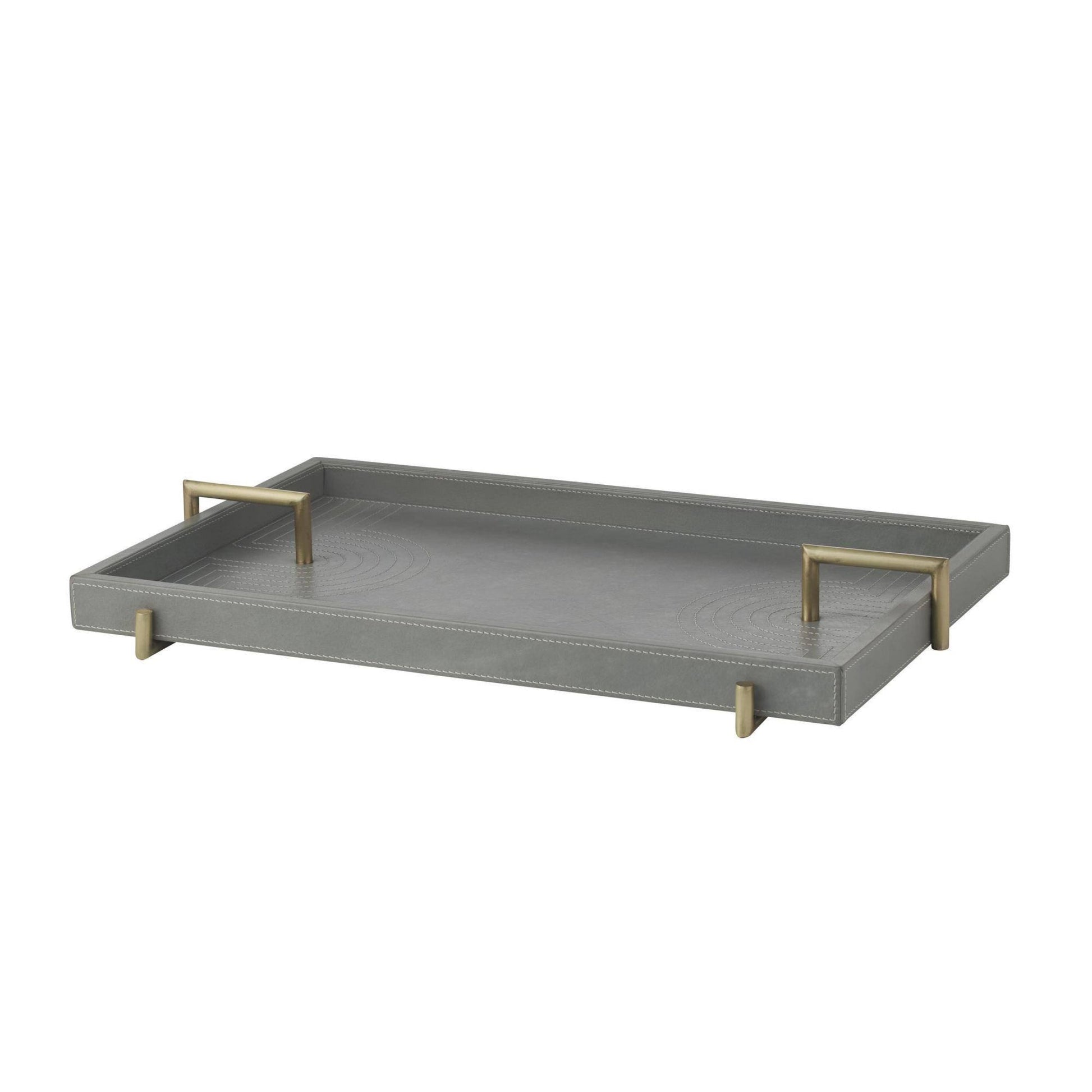 gray leather tray with brass iron handles
