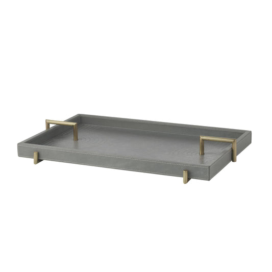 gray leather tray with brass iron handles