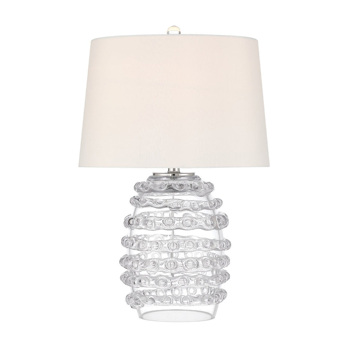 A table lamp with a clear glass base featuring a textured, bubble-like spiral pattern and a white fabric drum shade, shown against a plain white background.