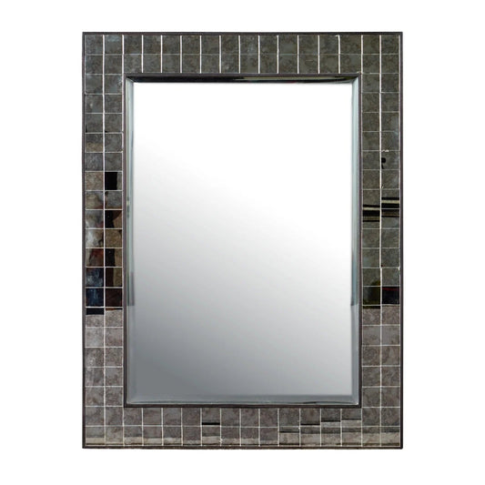 Rectangular mirror with a mosaic tile frame on a white background