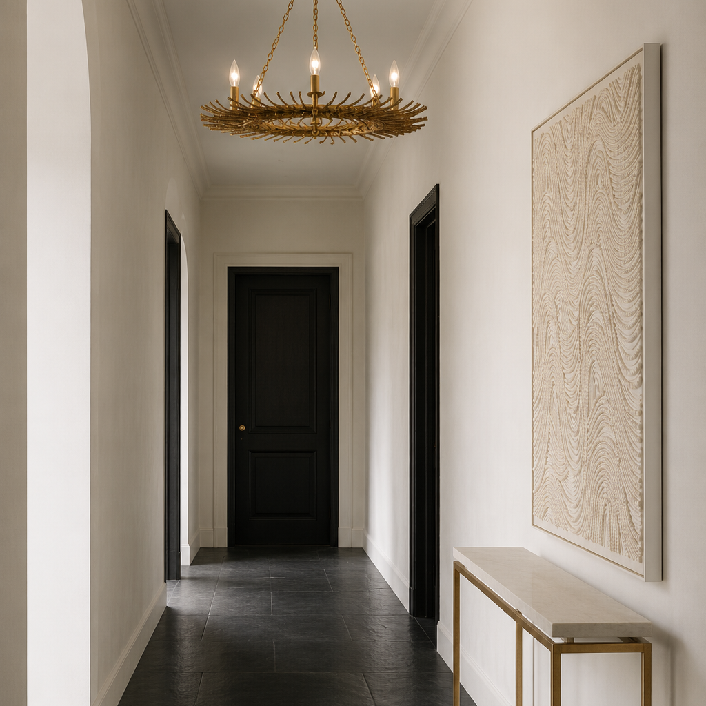 A long hallway with dark charcoal tile flooring, white walls, black doors, a gold chandelier, a large textured beige wall art piece, and a console table with a white top and gold frame.