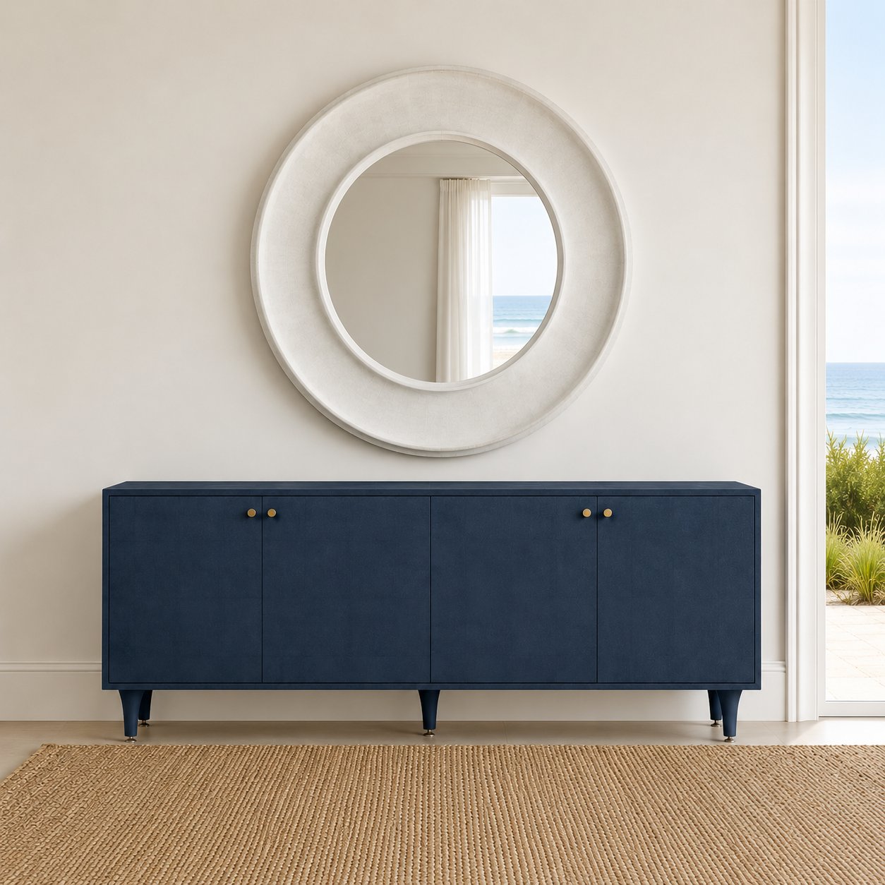 A navy blue sideboard cabinet with four doors and small brass knobs, styled in a coastal interior beneath a large round white mirror. A window on the right shows a view of the ocean, and a woven jute rug covers the floor.