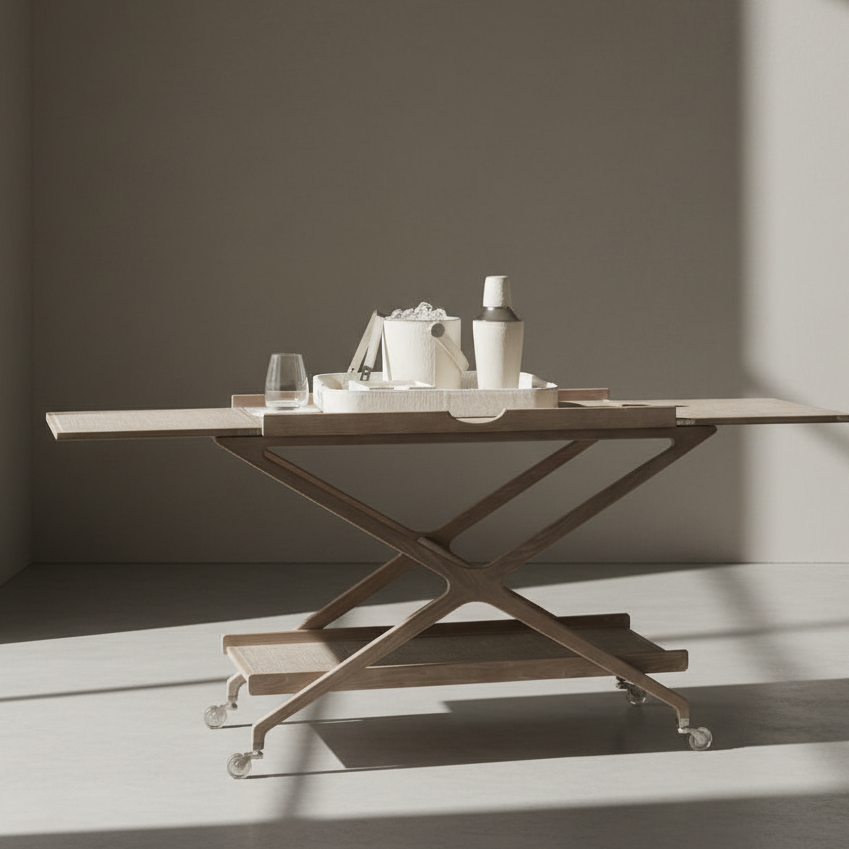 Wooden table with a minimalistic design in a room with sunlight casting shadows.