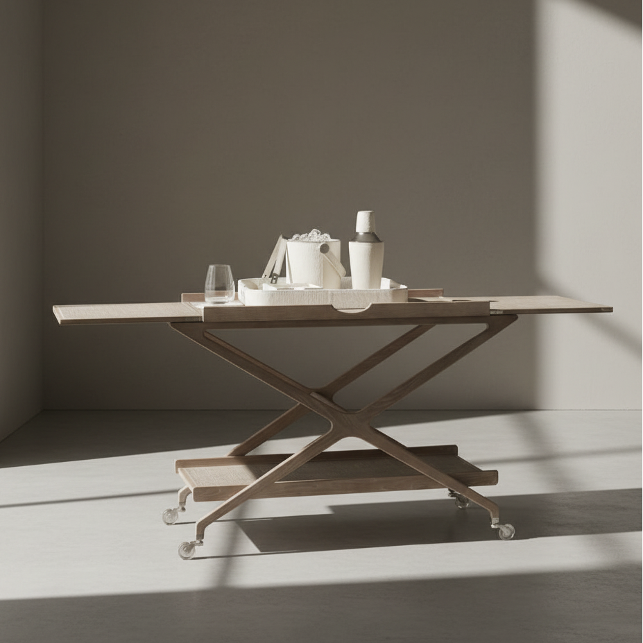 Wooden table with a minimalistic design in a room with sunlight casting shadows. bromley