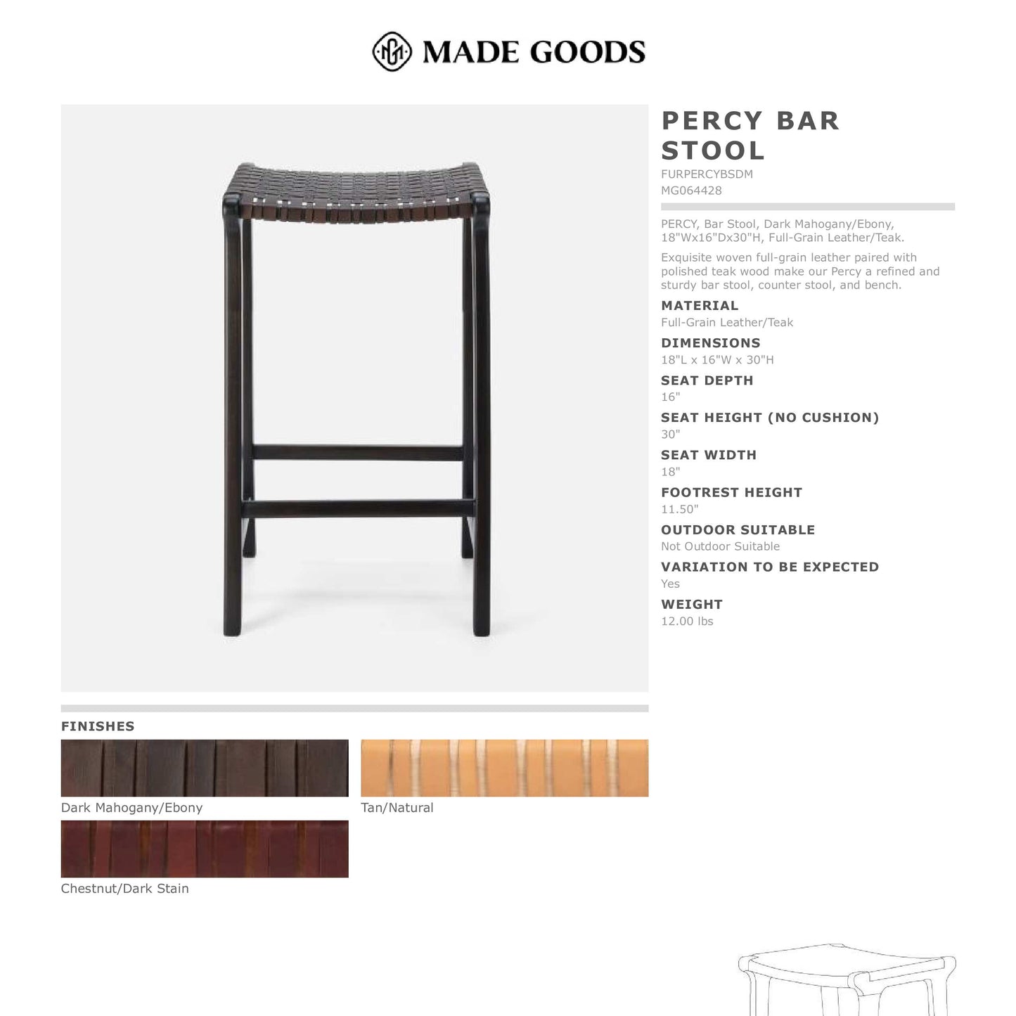 Made Goods Percy Bar Stool with color options and specifications on a white background