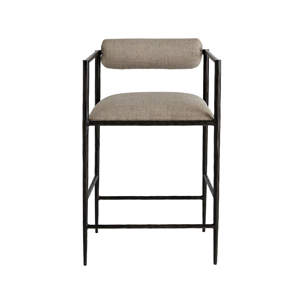 Bar stool with brown cushioned seat and backrest on a white background