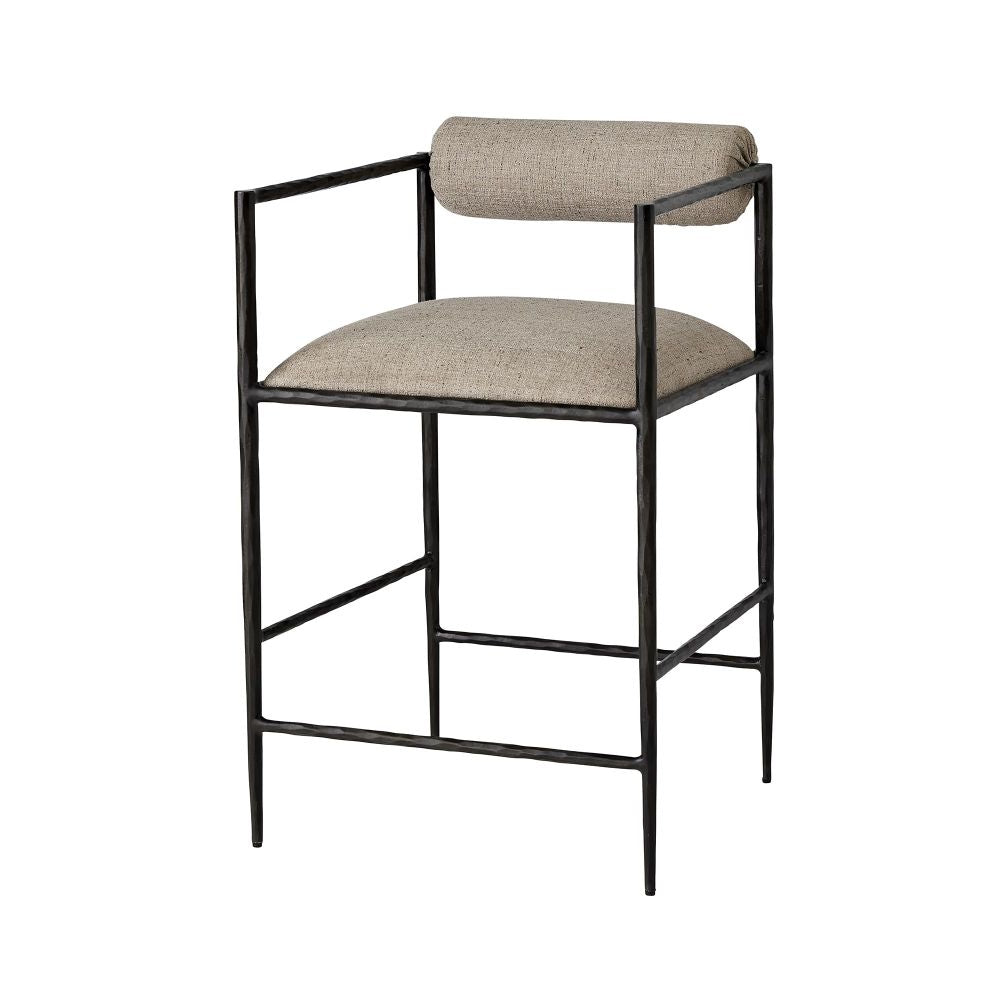 Bar stool with beige cushioned seat and backrest on a white background