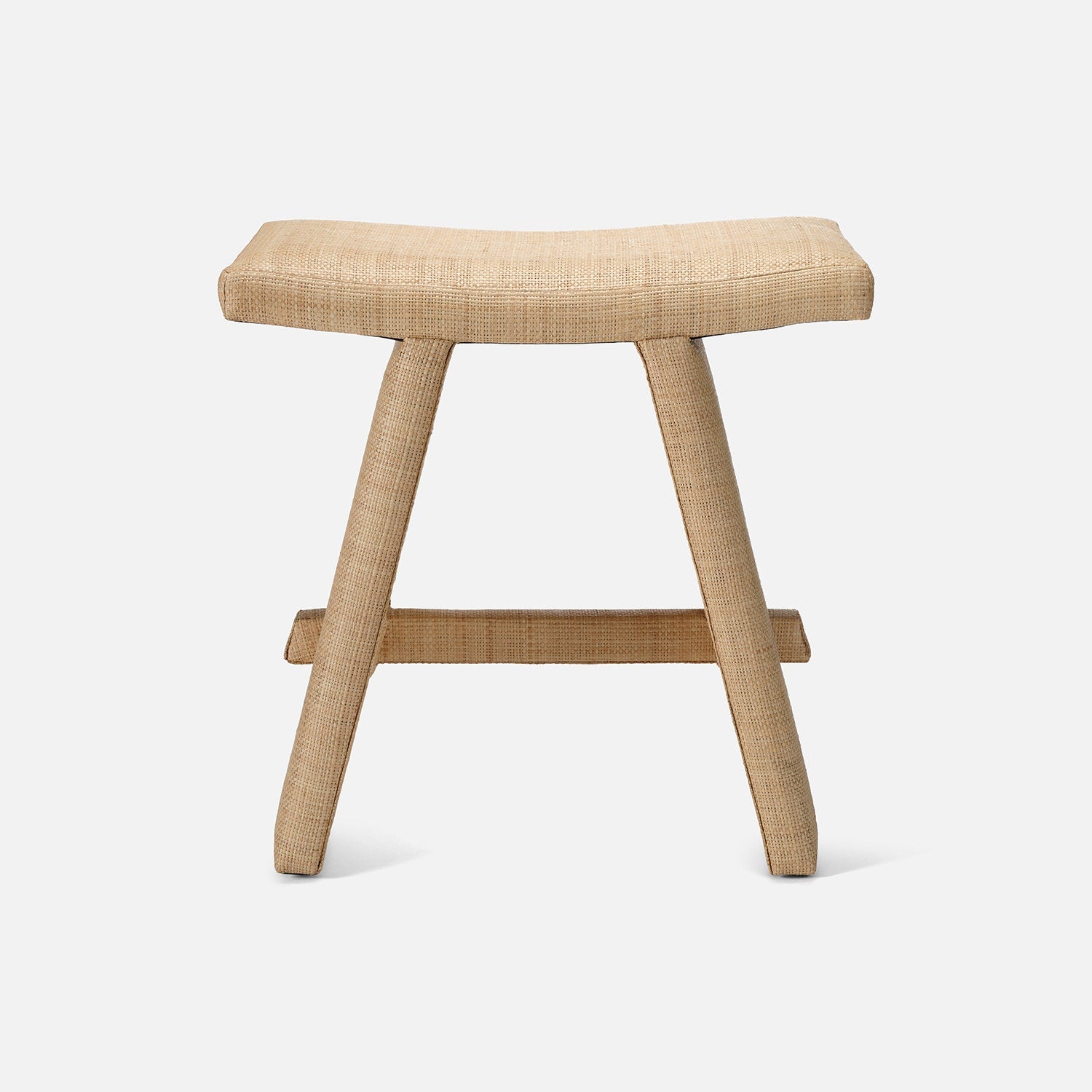 Wooden stool with woven seat on a white background
