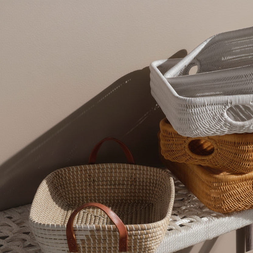 Stack of woven baskets on a shelf against a neutral wall