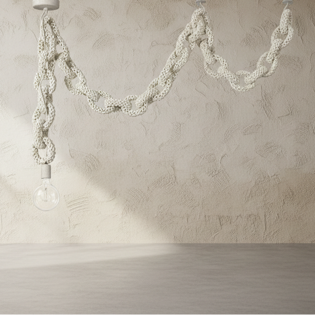 Decorative chain hanging against a textured beige wall