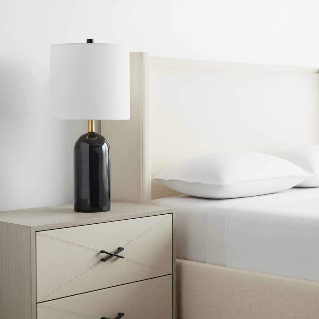 Black lamp on a nightstand next to a bed with white bedding.