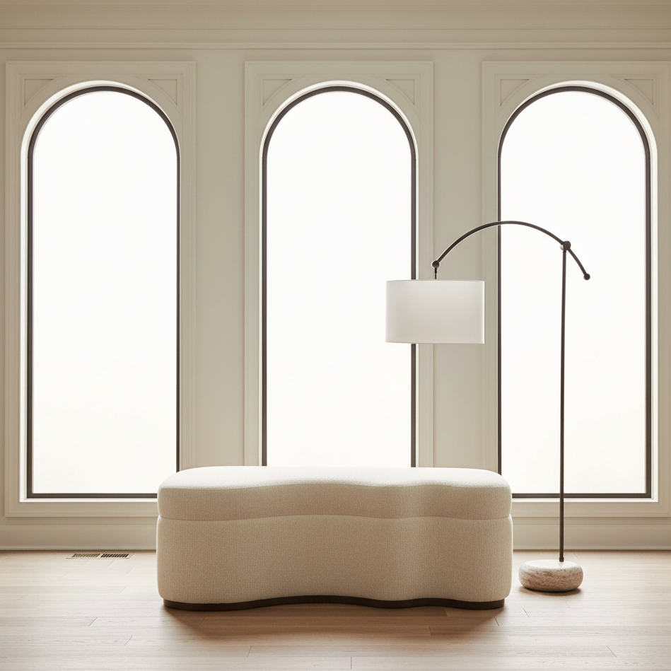 Modern interior with a white ottoman and floor lamp against a wall with arched windows.
