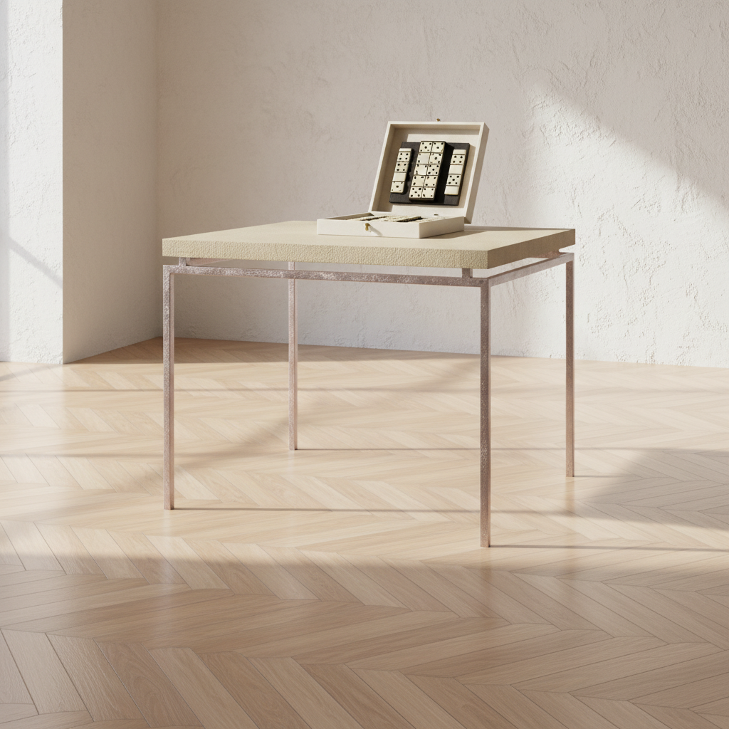 game table with siver base and ivory top with dominos