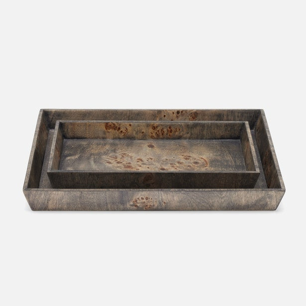 Wooden tray with a rustic finish on a white background