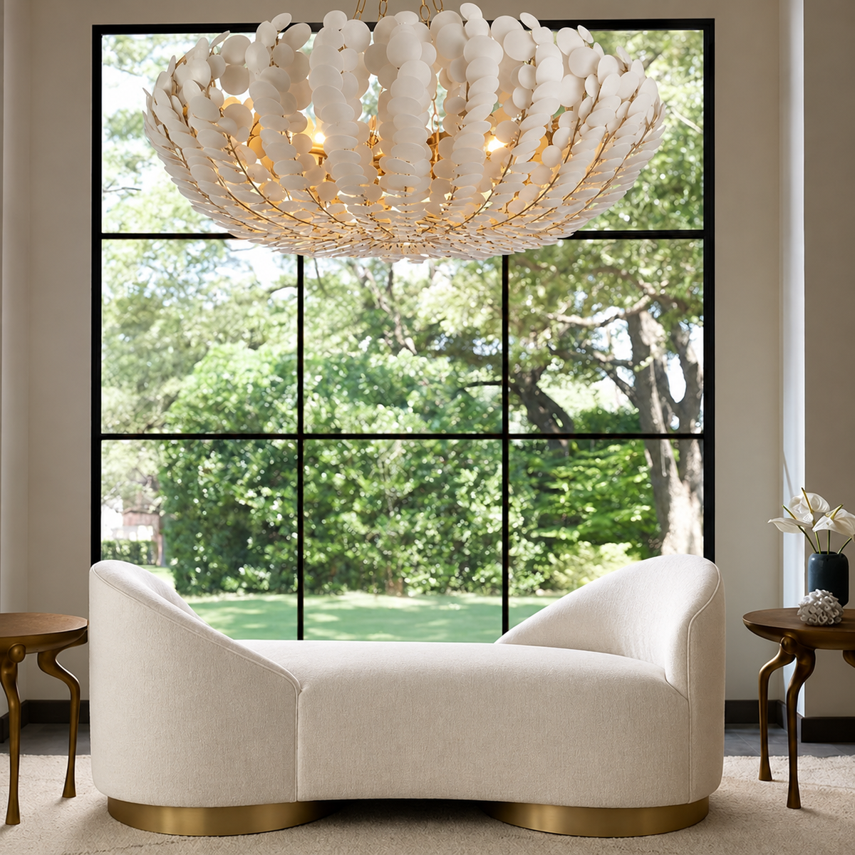 A large, round chandelier with white shell-like pendants and gold-toned branching details hangs in a modern living room above a curved cream chaise lounge with gold base trim, set in front of a large black-framed window showing a green garden.