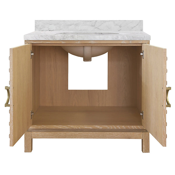 Wooden cabinet with marble countertop and open doors on a white background
